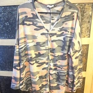 White Birch Waffle Knit Camo Top NWOT